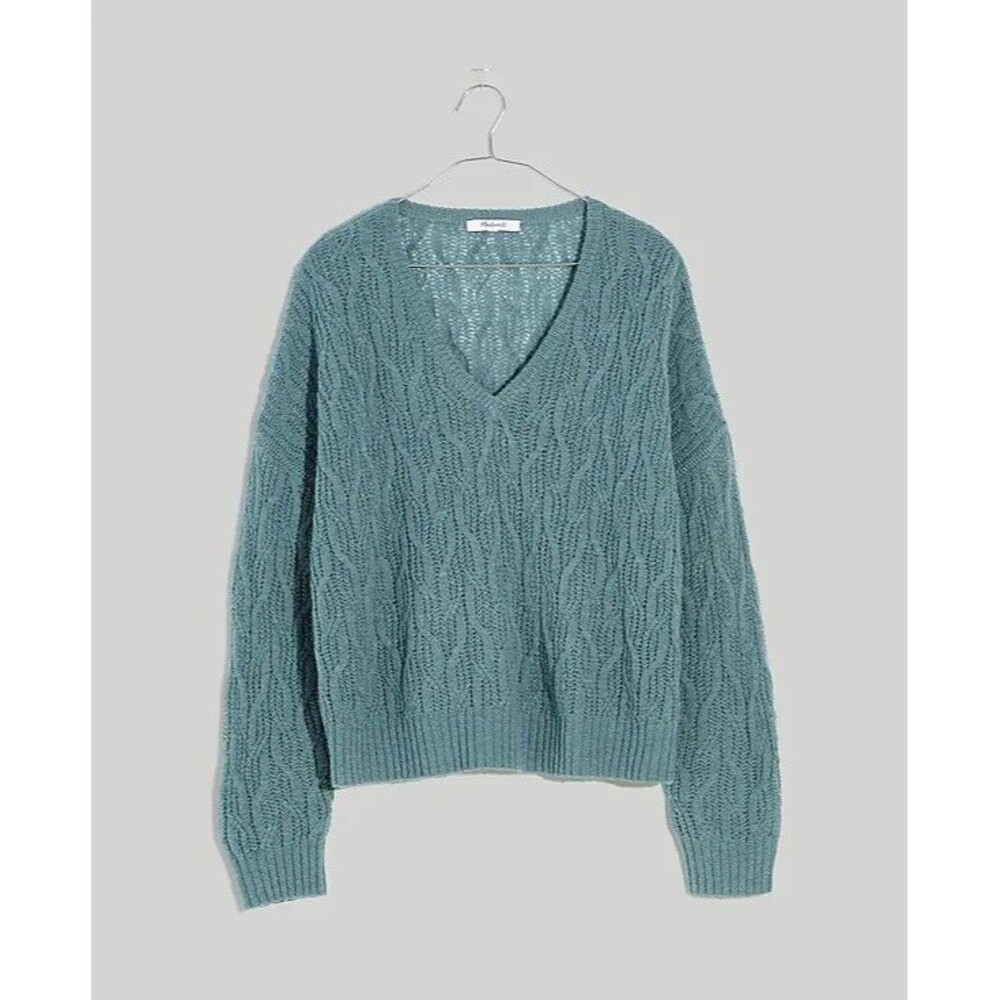 MADEWELL Alna V-Neck Sweater Women's Size Medium Blue Knit Cable Alpaca Blend